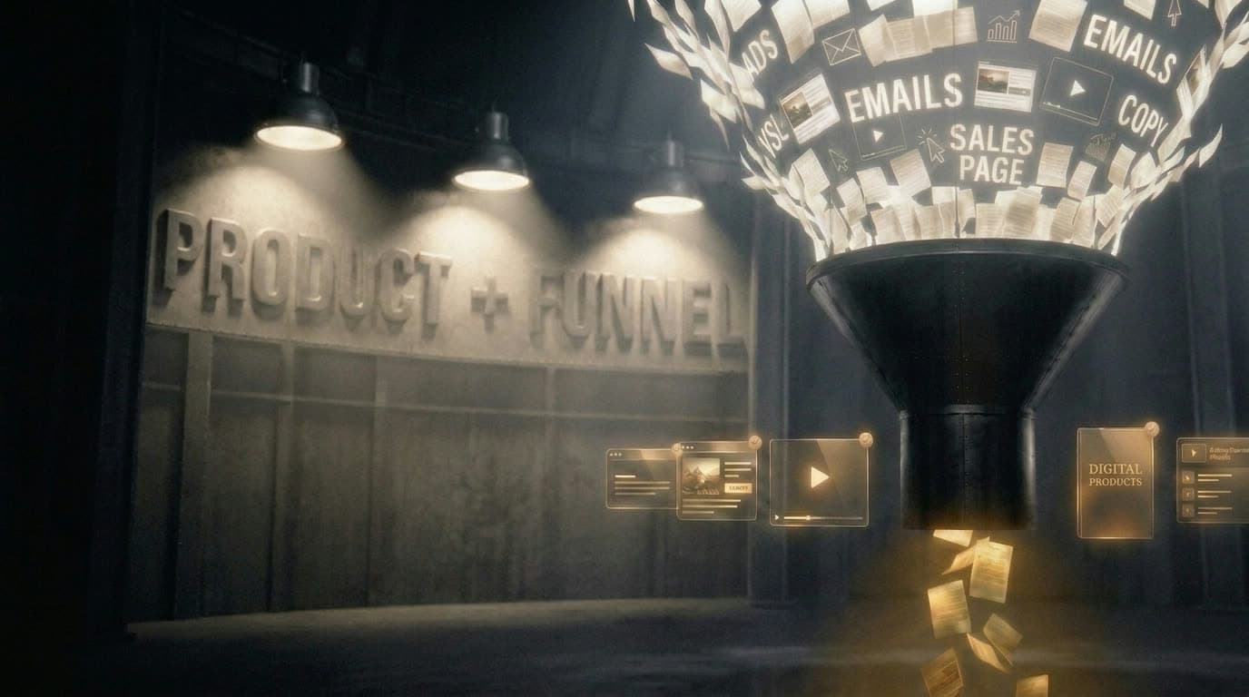 Marketing pieces pour into a steel funnel; finished, sealed assets emerge below in gold